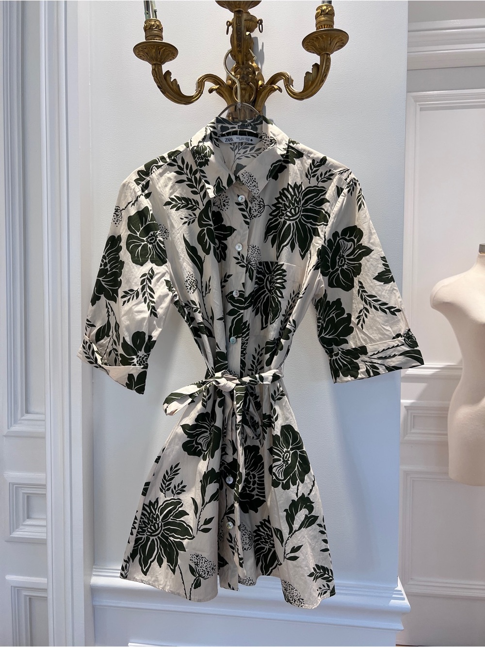 Zara Cream Mini Shirt Dress with Dark Green Floral Print